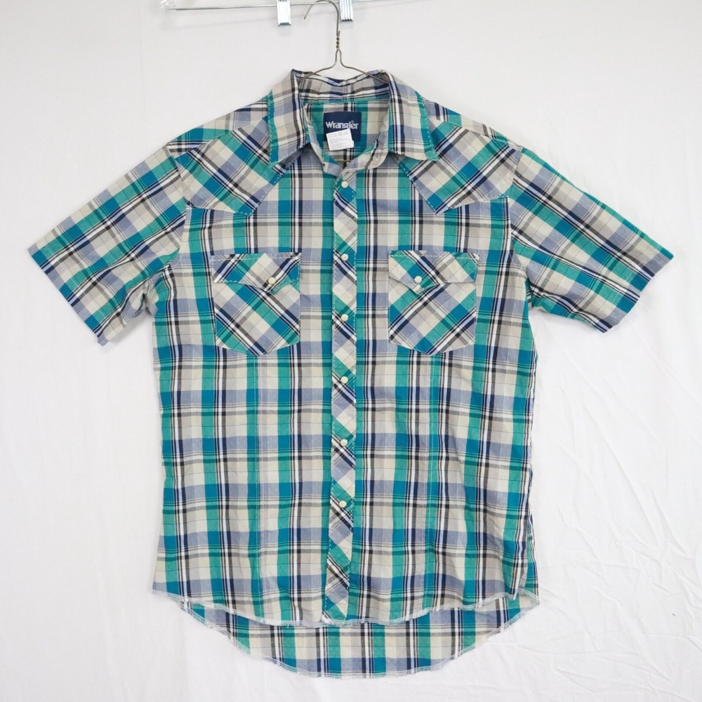 Wrangler Shirt Mens Medium Western Cowboy Rodeo Pearl Snap‎ Plaid Short Sleeve